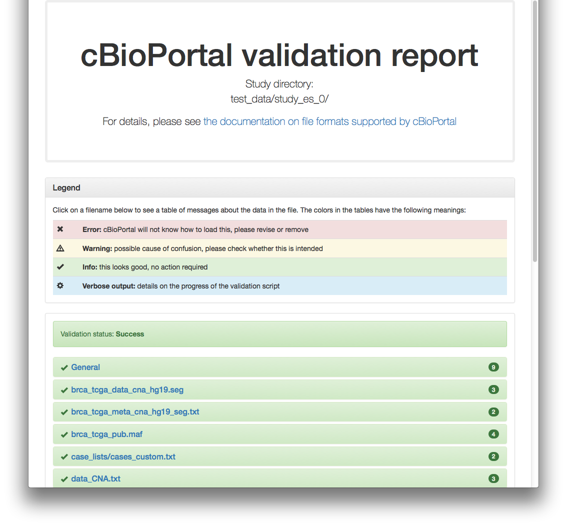 Screenshot of a successful validation report