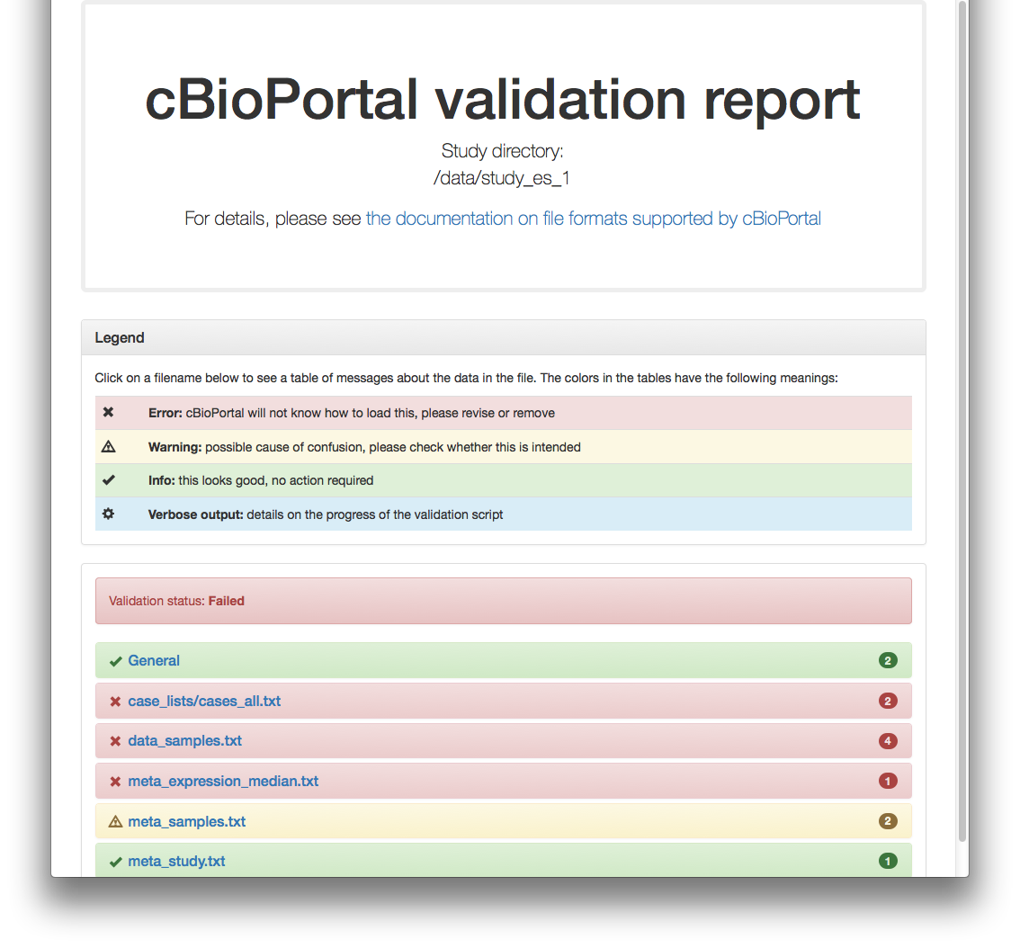 Screenshot of an unsuccessful validation report